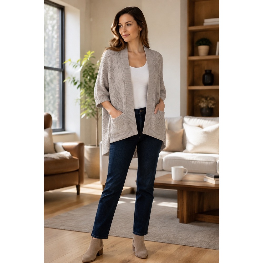 Banana Republic Women Beige Textured Cotton Open Front Cardigan Pockets 970639 L
